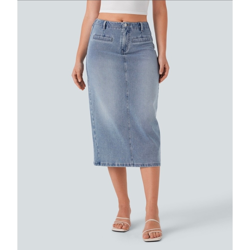 Halara Flex Denim Midi Skirt XS Regular Mid Rise Washed Blue Straight NWT